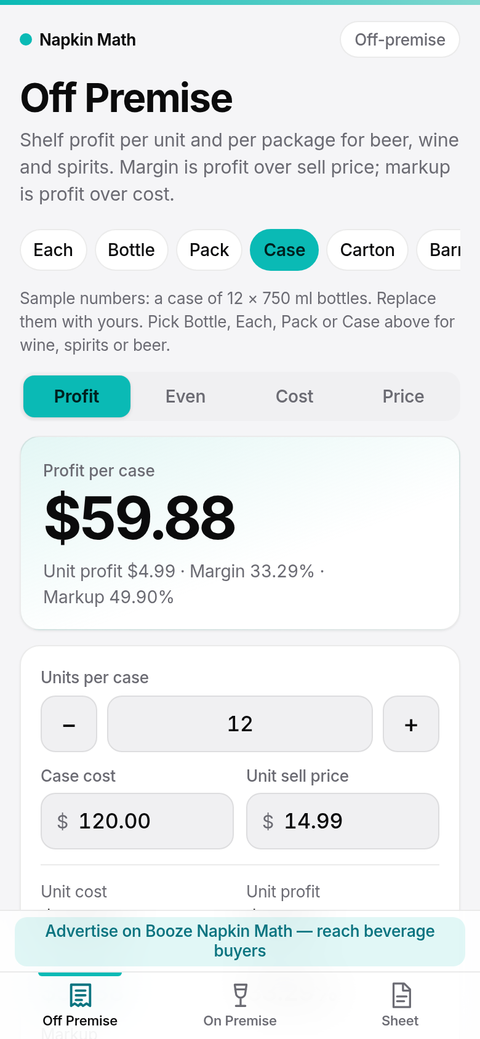 Off Premise screen showing sample case profit, unit profit, margin and markup for a case of 12 wine bottles
