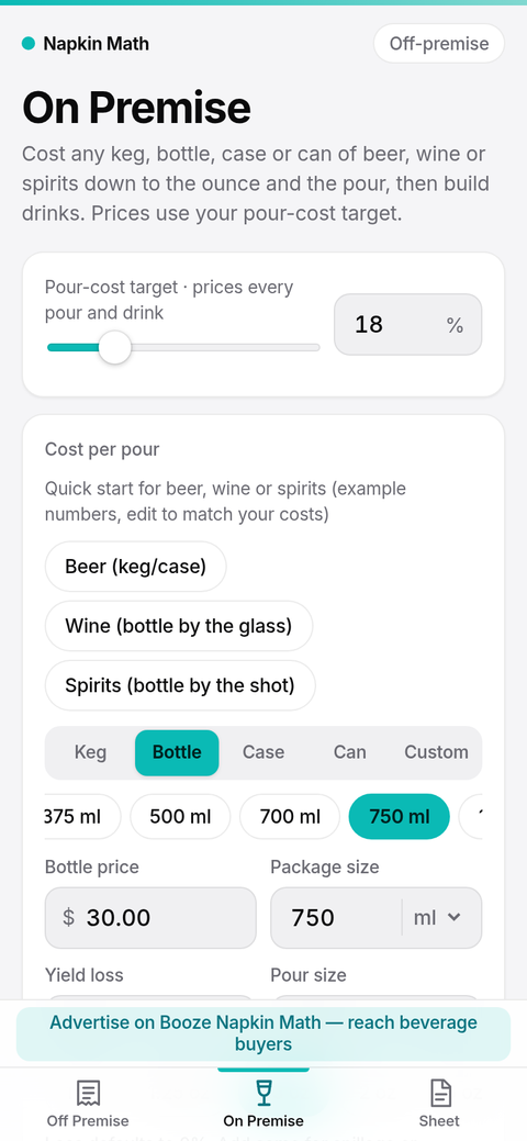 On Premise screen showing wine by the glass: sample cost per 5 oz pour and glasses per 750 ml bottle