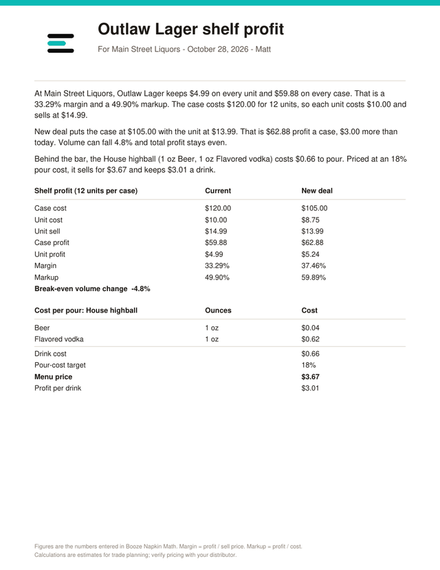 Sample PDF sell sheet with a logo, a profit story and a table of current versus new deal figures